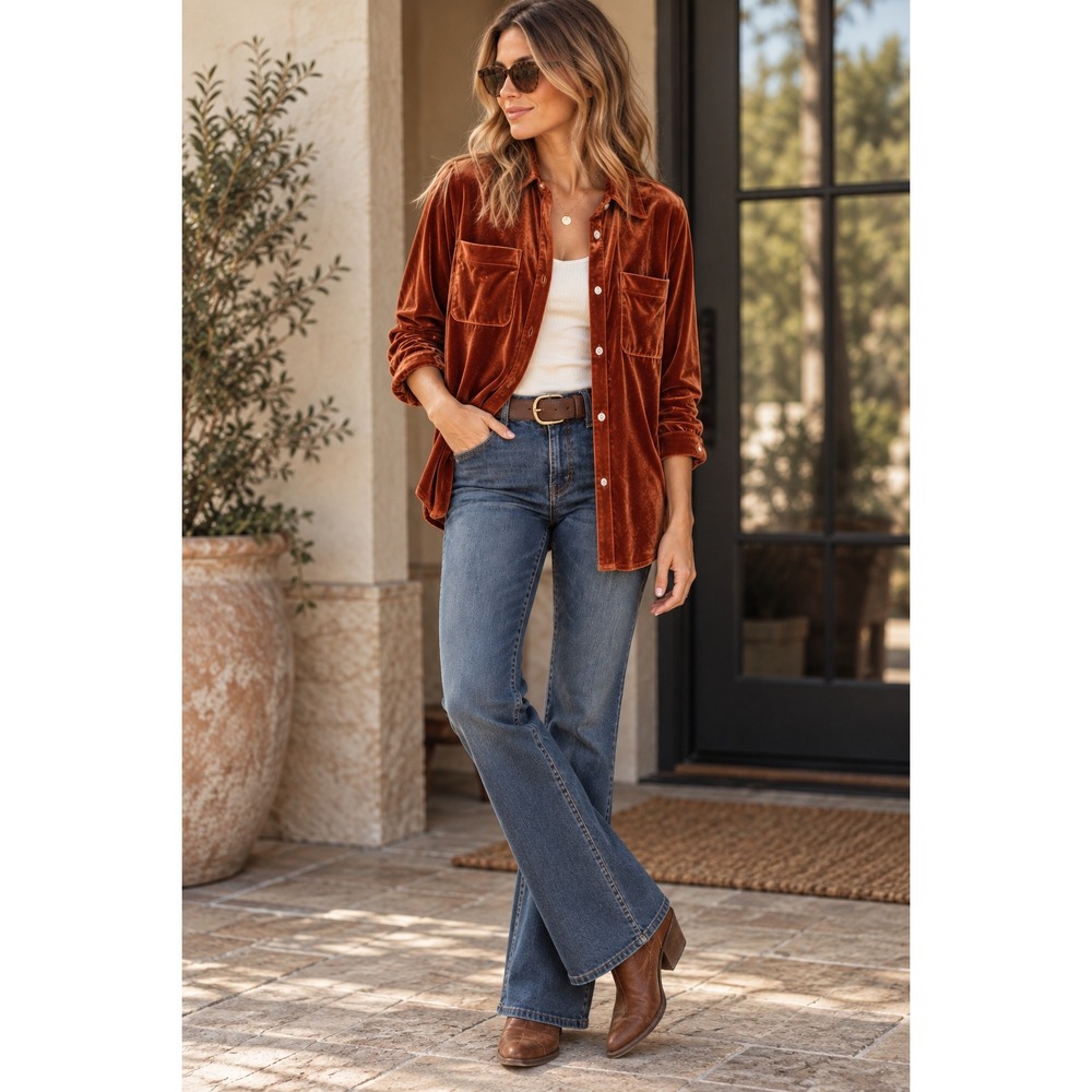 R. Vivimos Women Velvet Button Up Shirt Rust Orange Size S 4/6 Western Boho